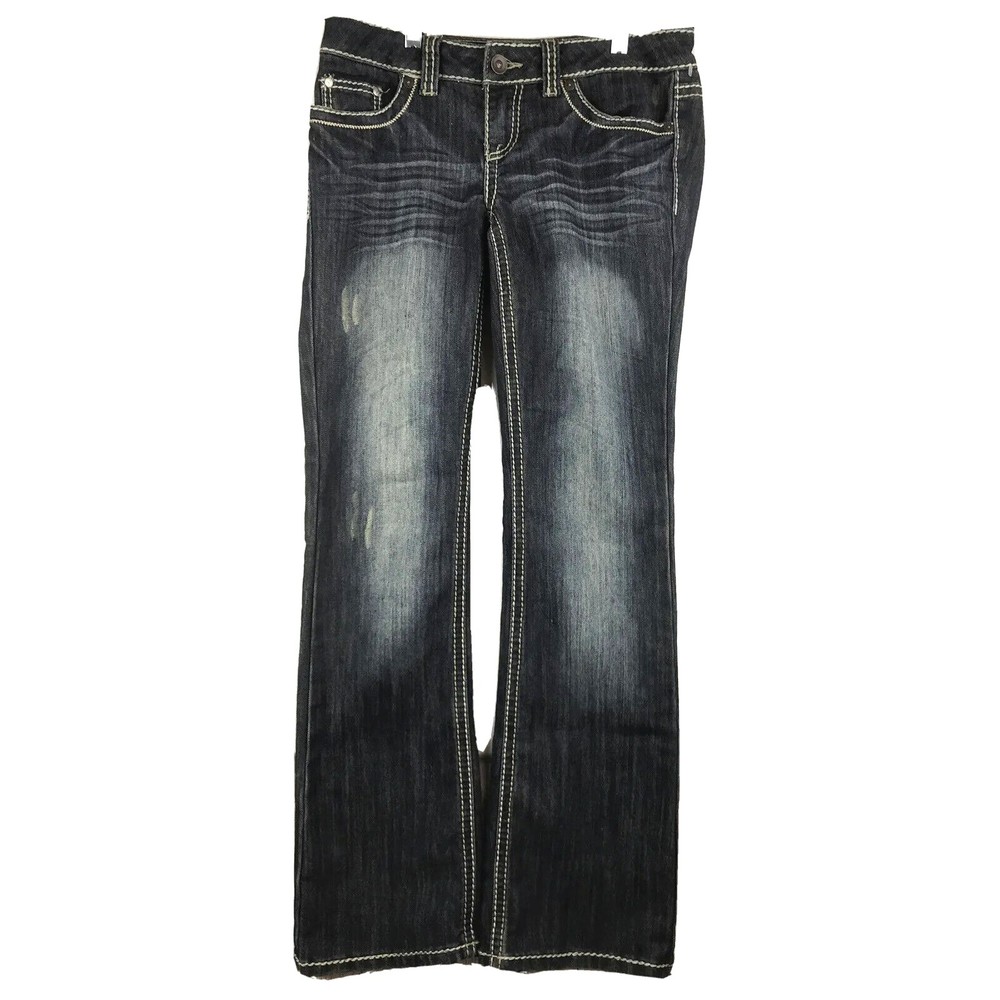 YMI Womens Size 3 Bootcut Jeans Dark Wash Distressed Dark Wash Flap Pocket